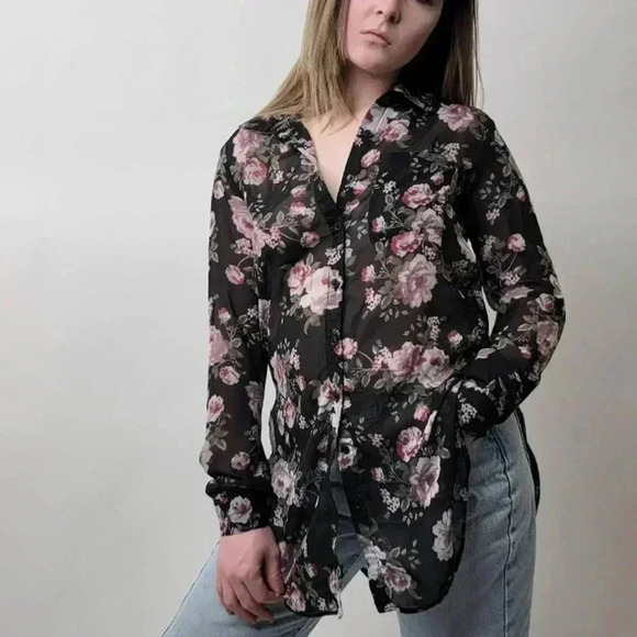 Pastel Black & Pink Floral Mesh Tie Front Coverup Blouse - S - Picture 8 of 9